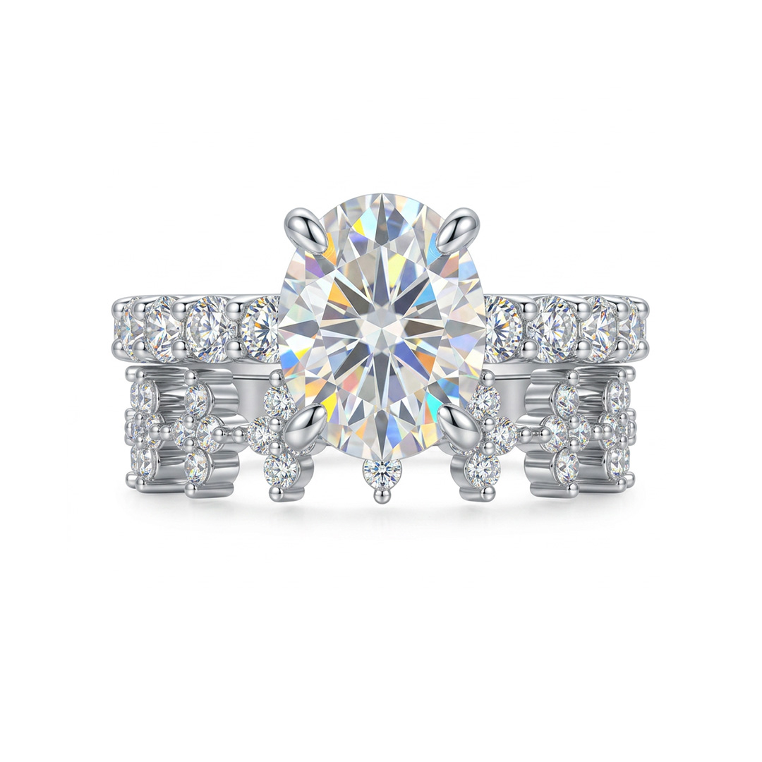 5.22ct. tw. Oval Cut Paved VVS1 Moissanite Engagement Ring with Cluster Wedding Band Ring Set
