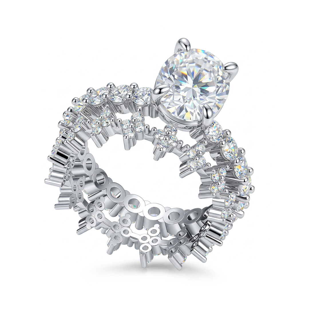 5.22ct. tw. Oval Cut Paved VVS1 Moissanite Engagement Ring with Cluster Wedding Band Ring Set