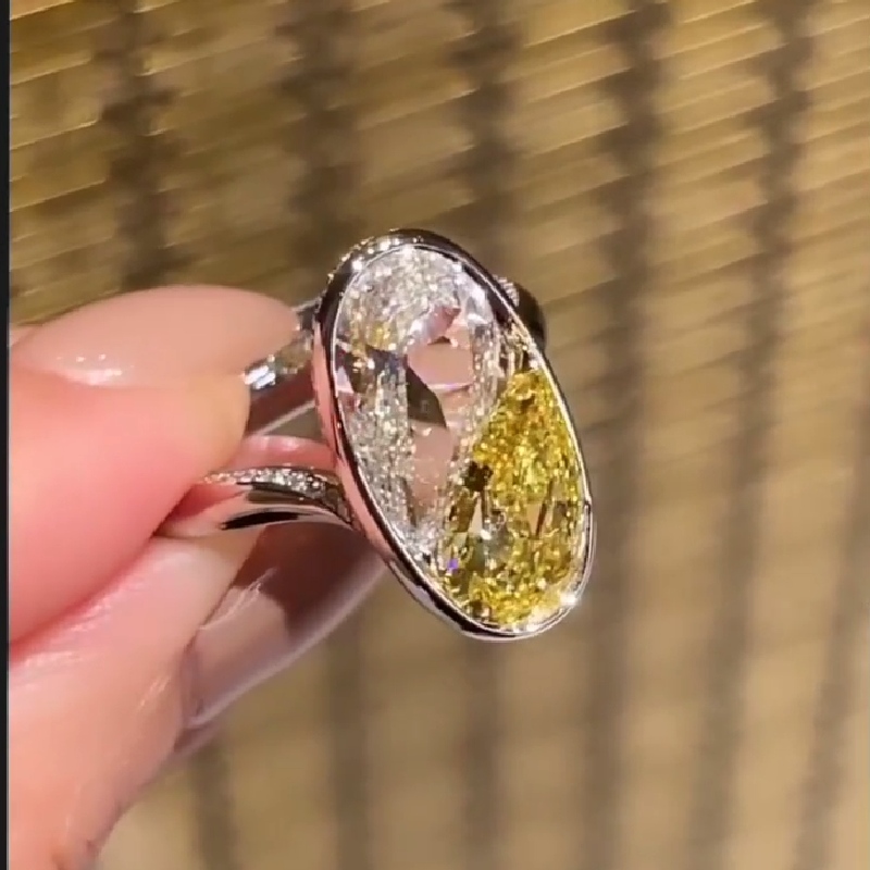 White & Yellow Pear Cut Oval Shape Bezel Engagement Ring
