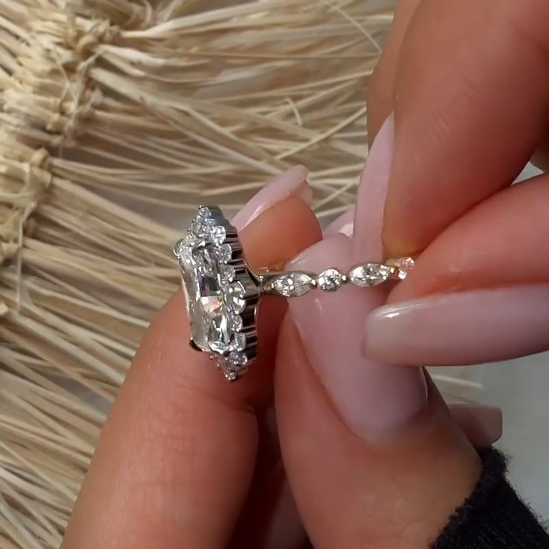 3.6CT Radiant Cut VVS Moissanite Cluster Engagement Ring