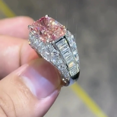 3.9 Ct Radiant Cut Pink Diamonds with Baguette Paved Engagement Ring