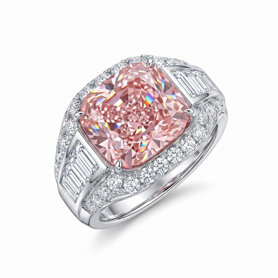9.42ct. tw. Radiant Cut Pink Diamonds with Baguette Paved Engagement Ring