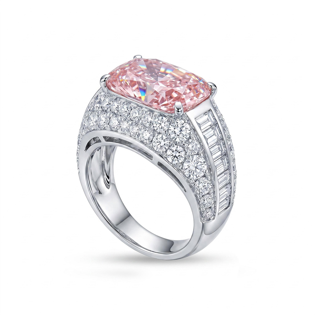 9.42ct. tw. Radiant Cut Pink Diamonds with Baguette Paved Engagement Ring