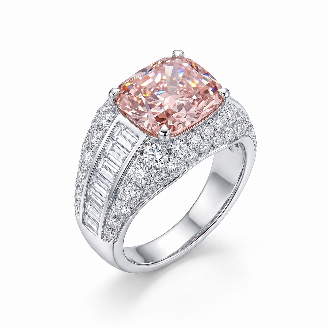 9.42ct. tw. Radiant Cut Pink Diamonds with Baguette Paved Engagement Ring