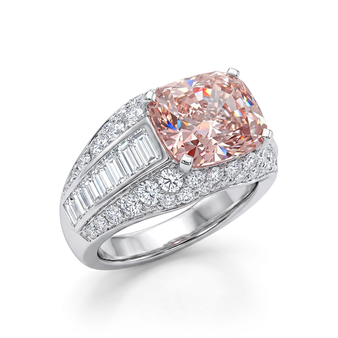 9.42ct. tw. Radiant Cut Pink Diamonds with Baguette Paved Engagement Ring