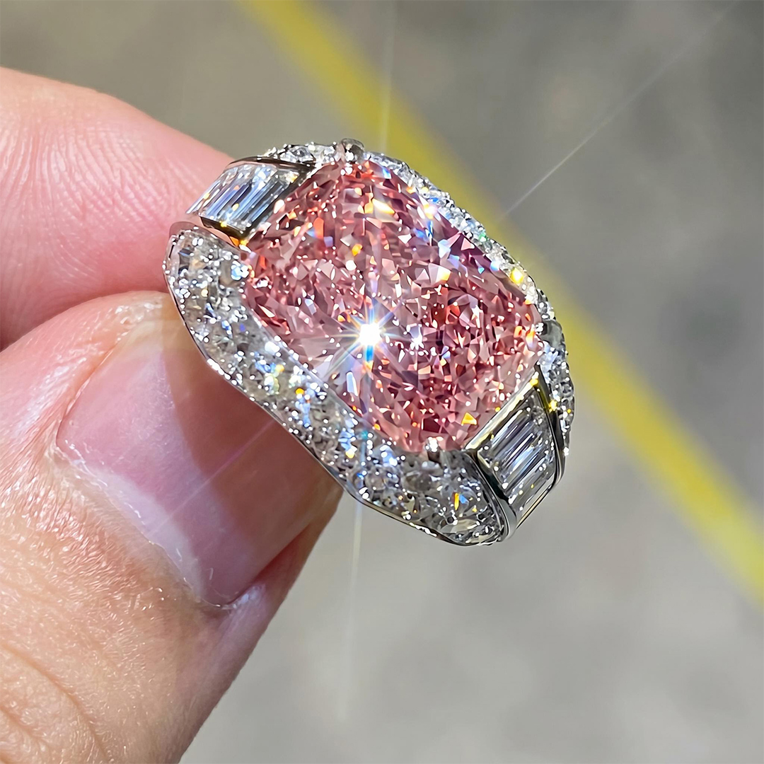 9.42ct. tw. Radiant Cut Pink Diamonds with Baguette Paved Engagement Ring