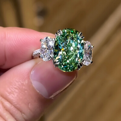 4.9CT Green Oval Cut Diamond Three Stone Engagement Ring