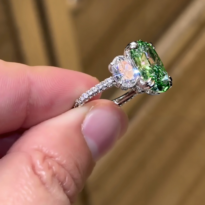 5.9CT Green Oval Cut Diamond Three Stone Engagement Ring