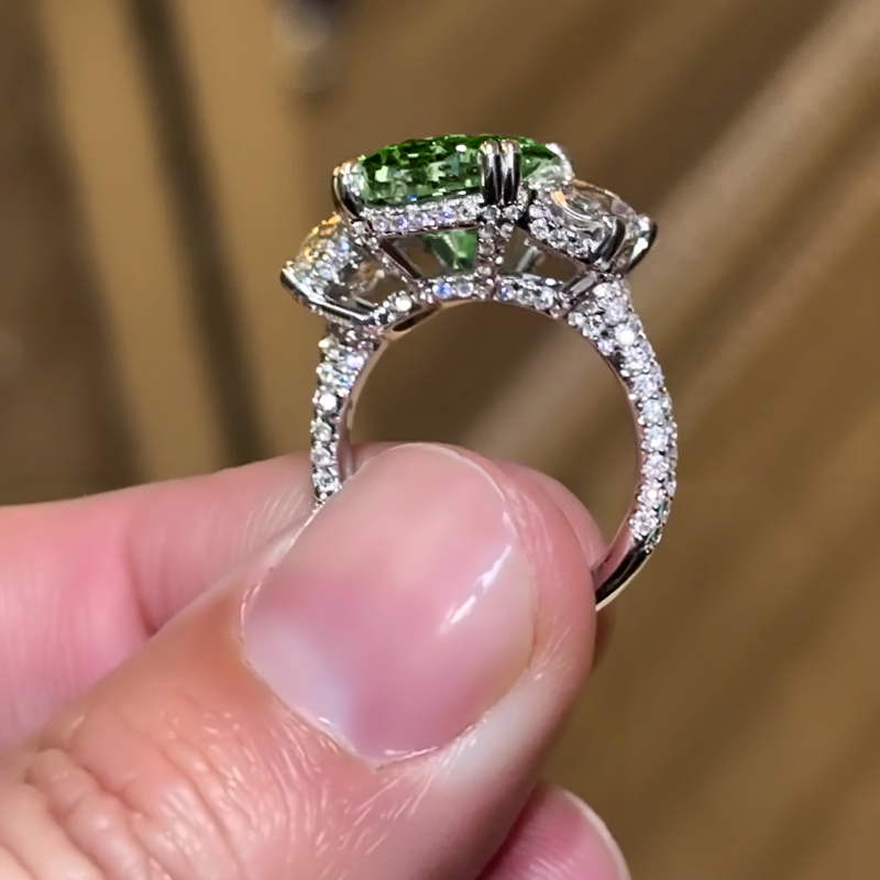 5.9CT Green Oval Cut Diamond Three Stone Engagement Ring
