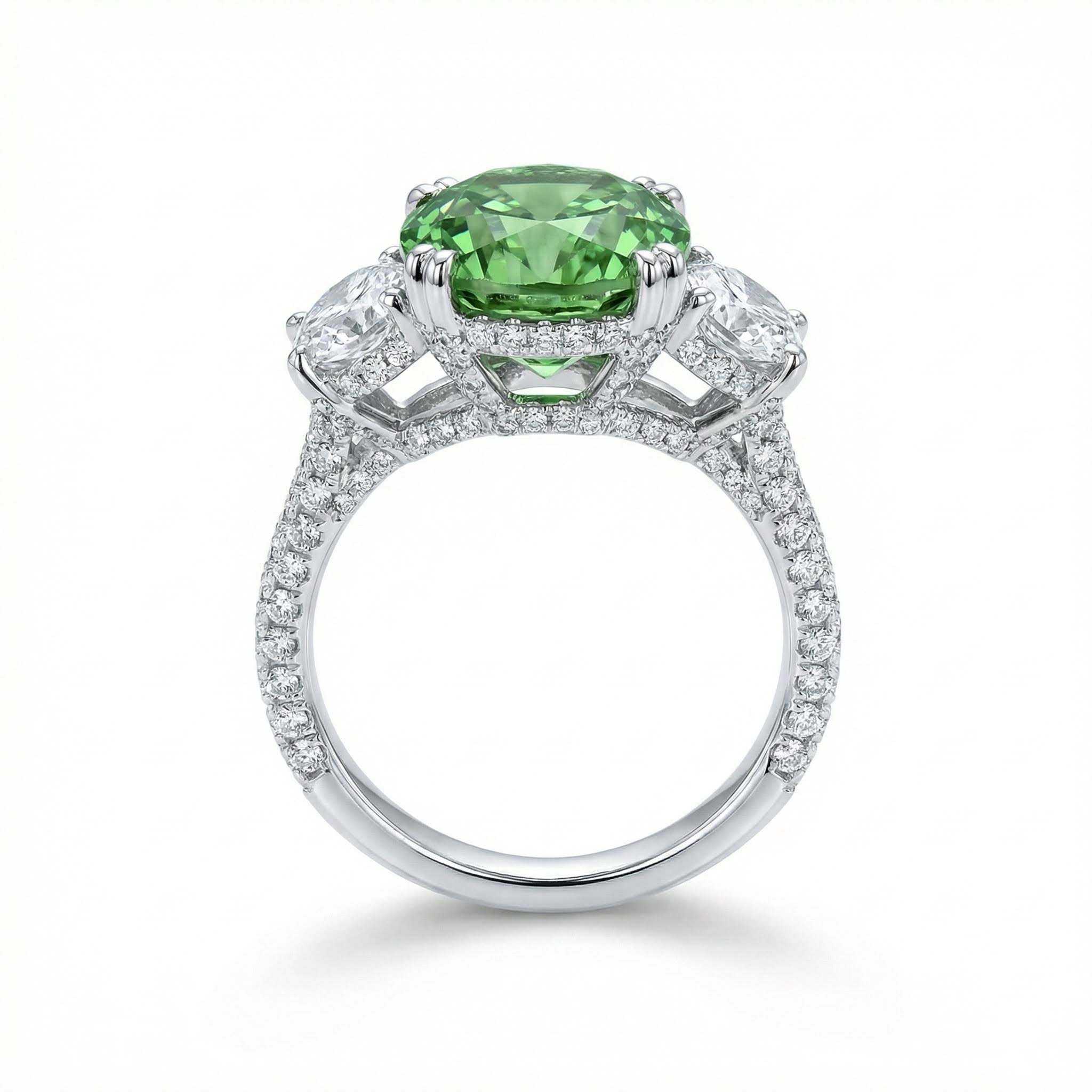 6.51ct TCW Green Oval Cut Diamond Three Stone Engagement Ring