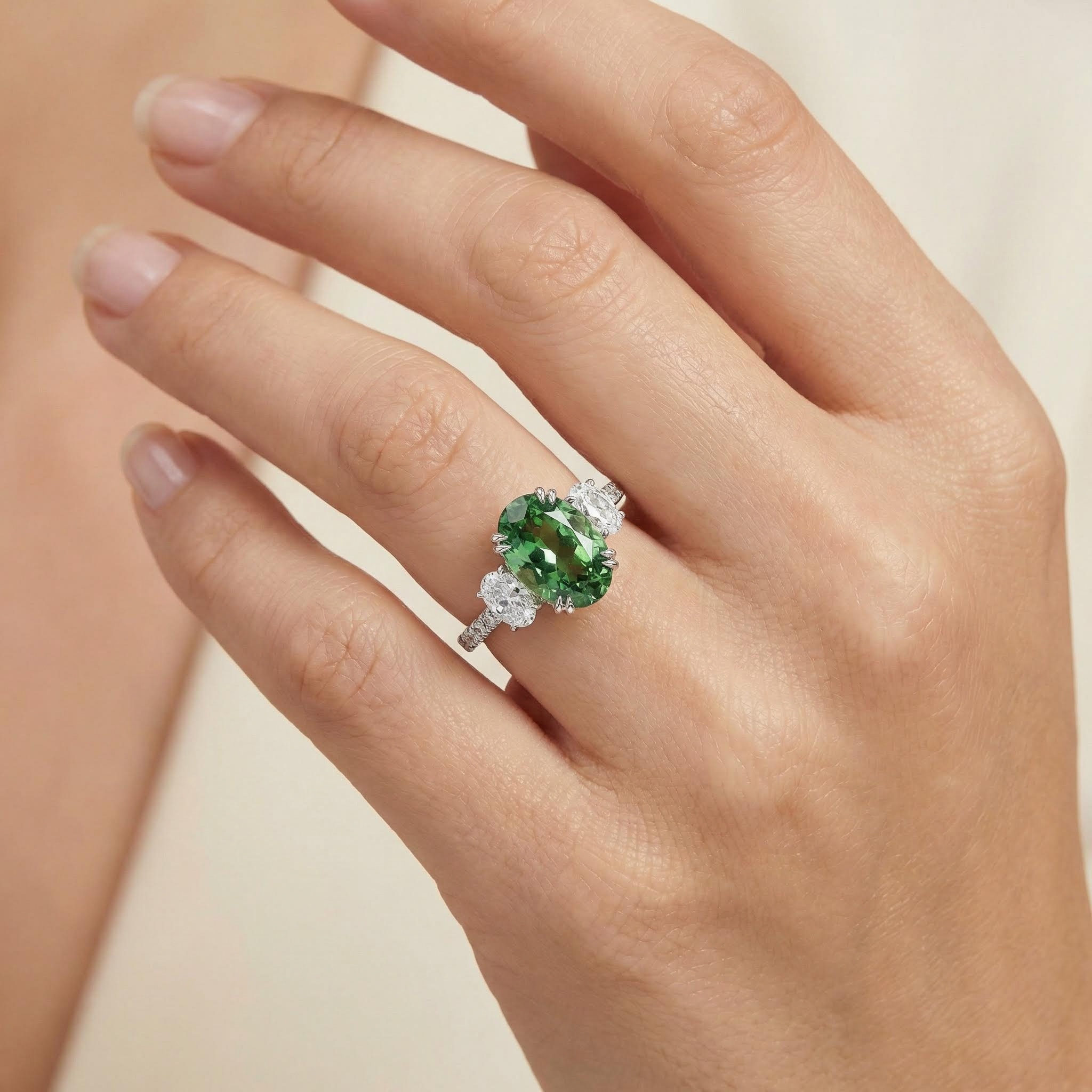 6.51ct TCW Green Oval Cut Diamond Three Stone Engagement Ring