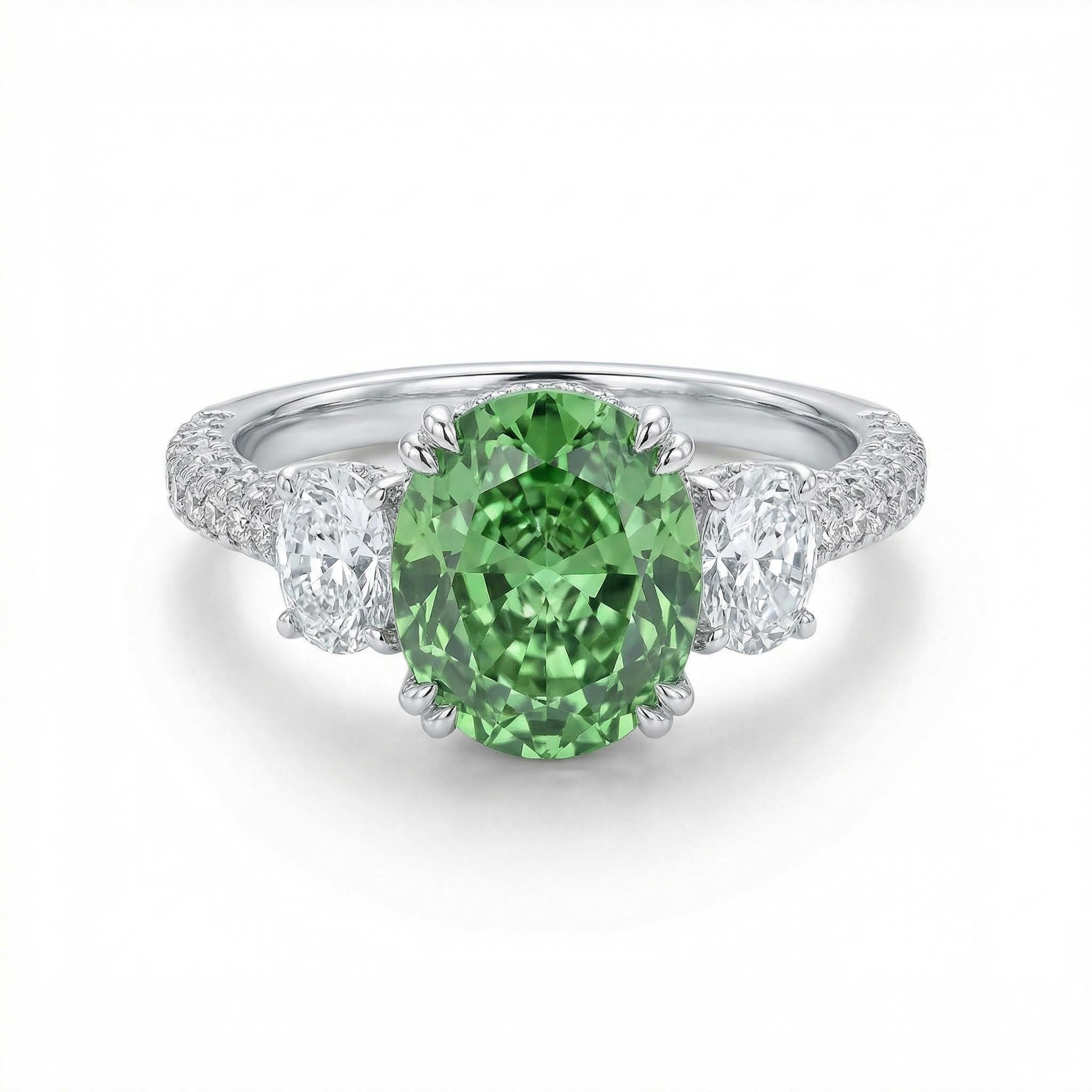 6.51ct TCW Green Oval Cut Diamond Three Stone Engagement Ring
