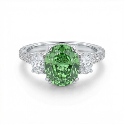 5.9CT Green Oval Cut Diamond Three Stone Engagement Ring