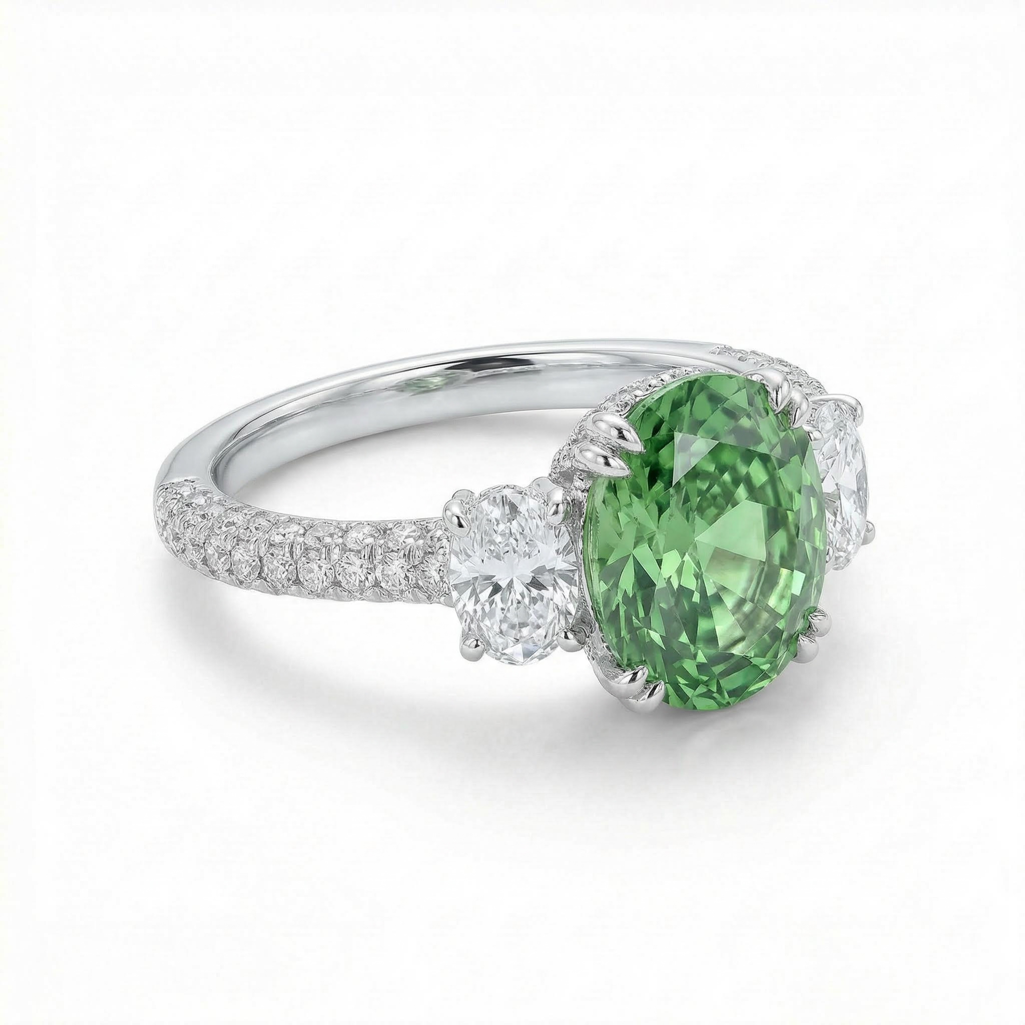 6.51ct TCW Green Oval Cut Diamond Three Stone Engagement Ring