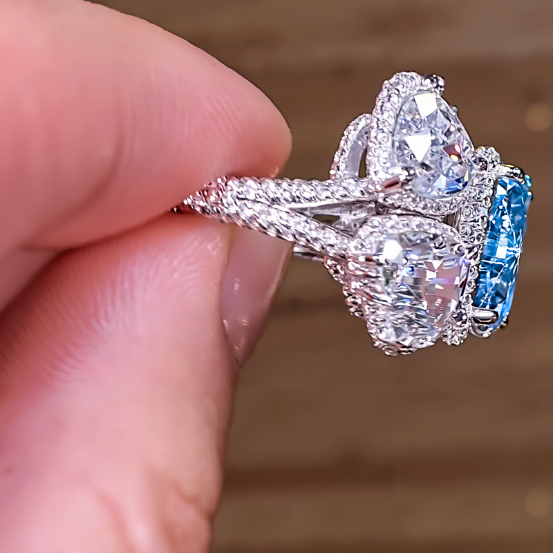 8.56CT Blue & White Heart Cut Diamond Halo Engagement Ring