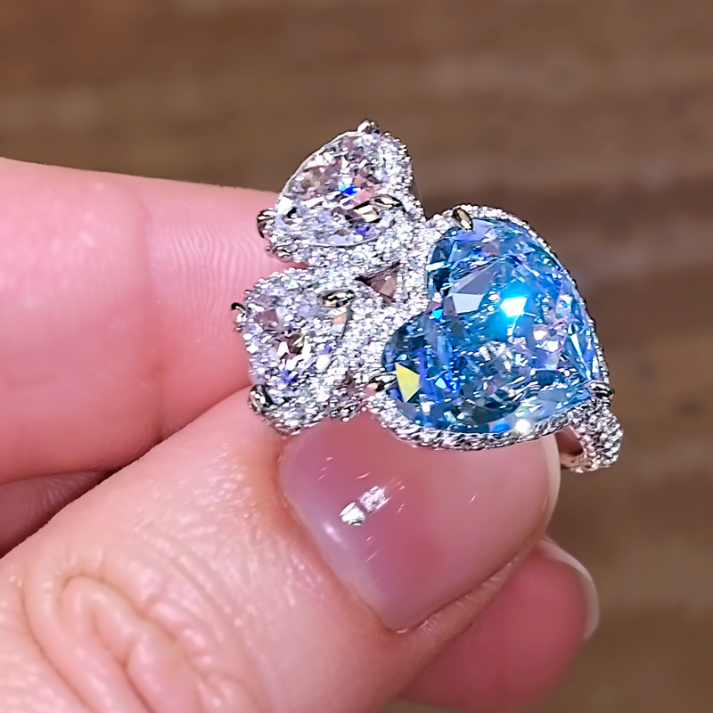 8.56CT Blue & White Heart Cut Diamond Halo Engagement Ring