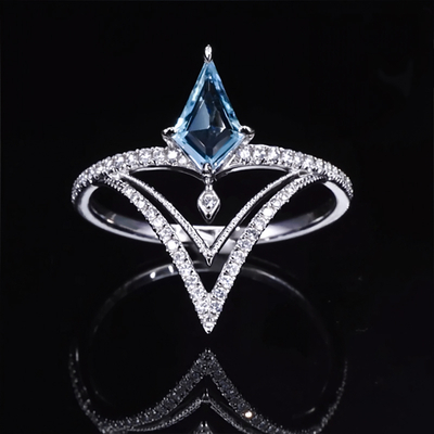 2.9CT Blue Kite Cut Gemstone V-Design Engagement Ring