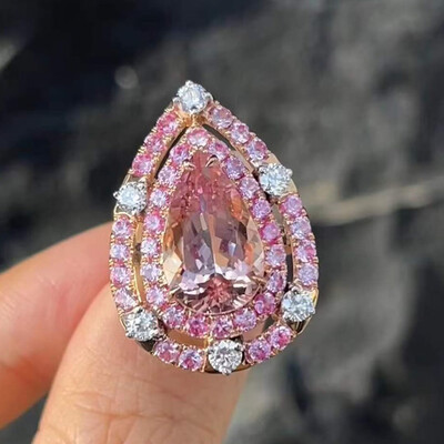 10.8CT Pink Pear Cut Gemstone Halo Engagement Ring