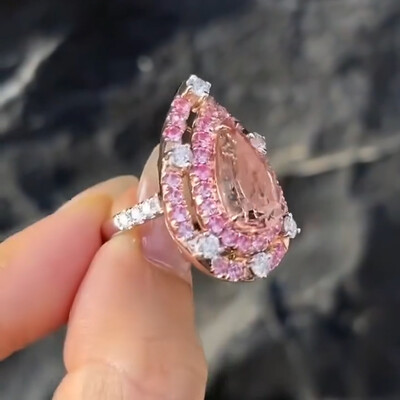 10.8CT Pink Pear Cut Gemstone Halo Engagement Ring