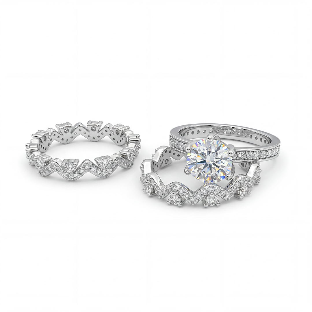 3.89ct. tw. Round Cut VVS Moissanite Halo Engagement Ring Set