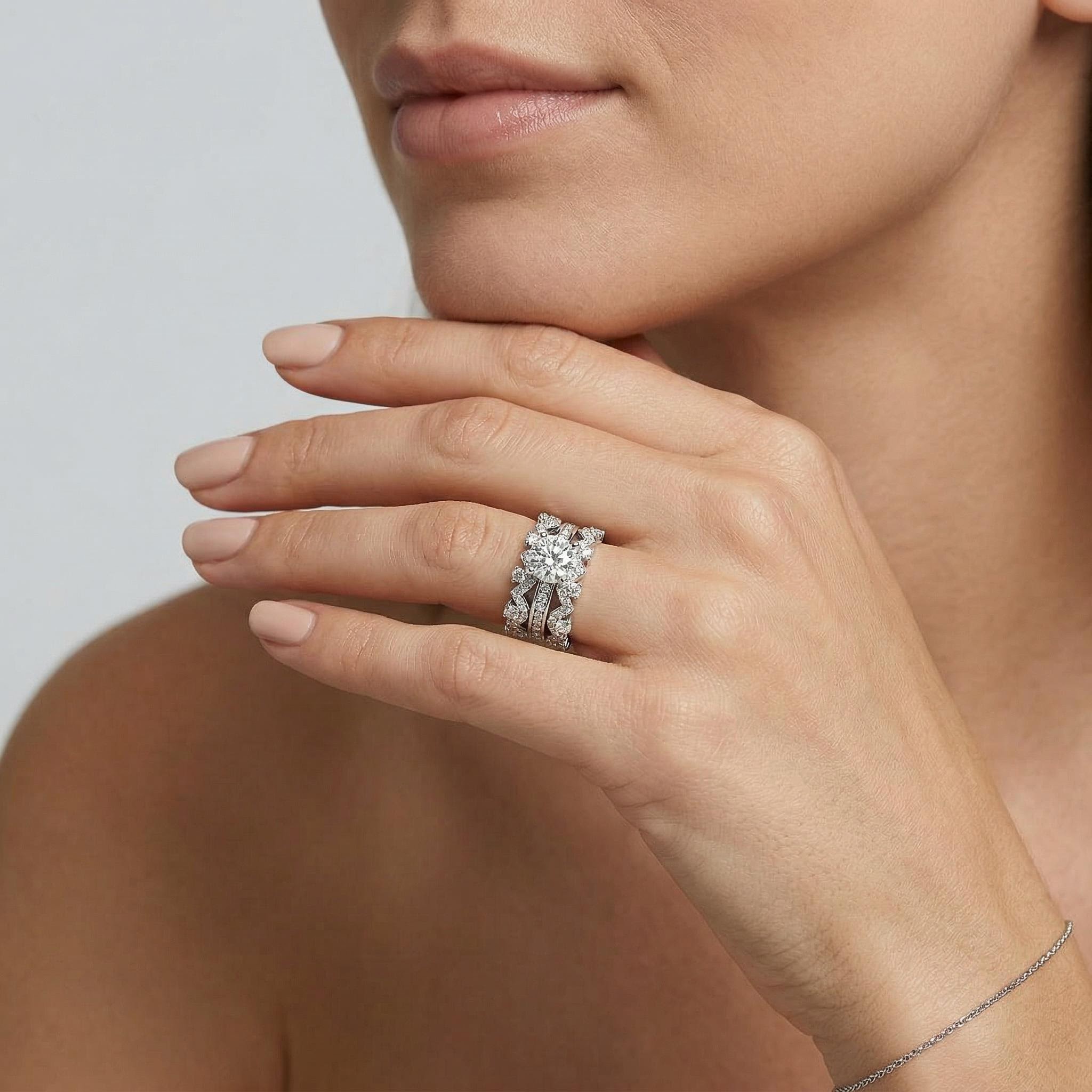 3.89ct. tw. Round Cut VVS Moissanite Halo Engagement Ring Set