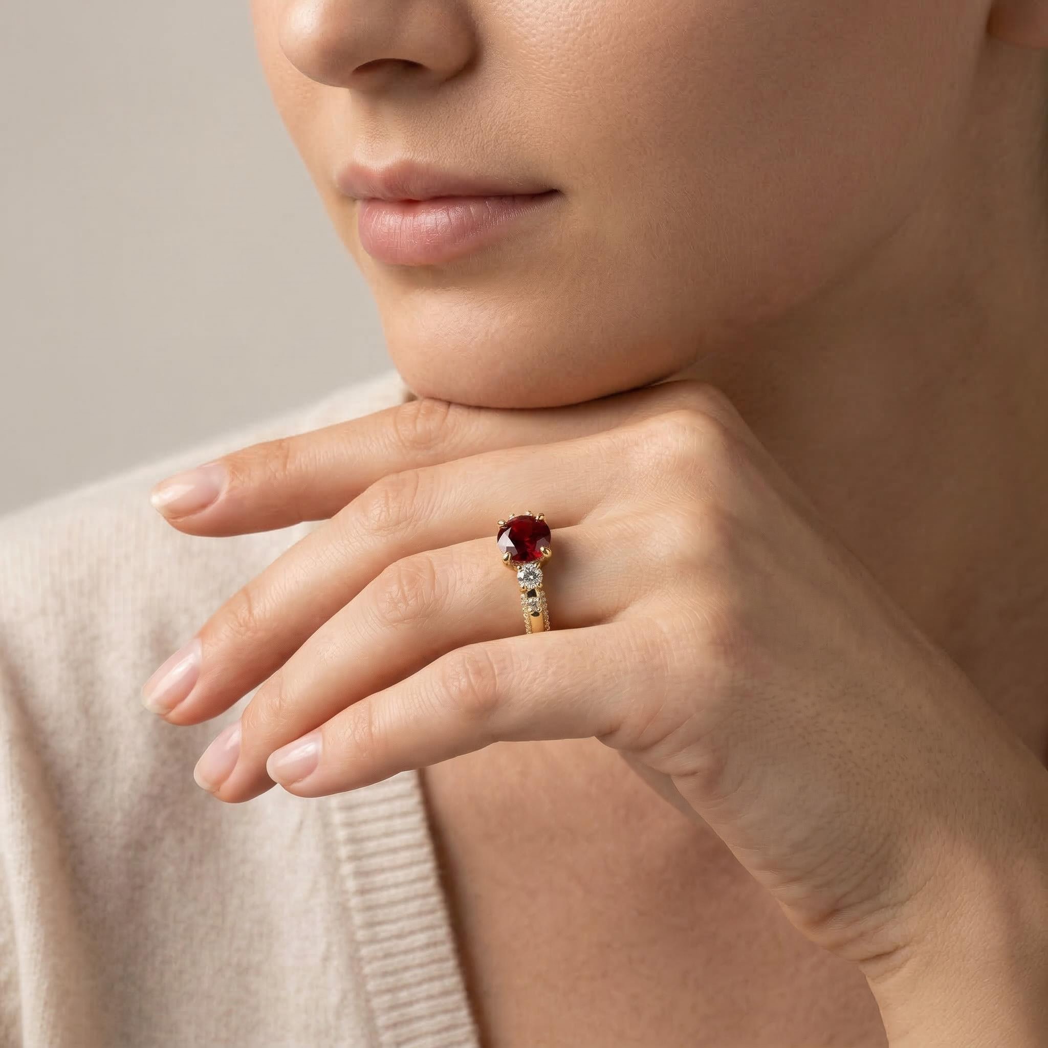 3.13ct. tw. Elegant Round Cut Red Diamond Three Stone Engagement Ring