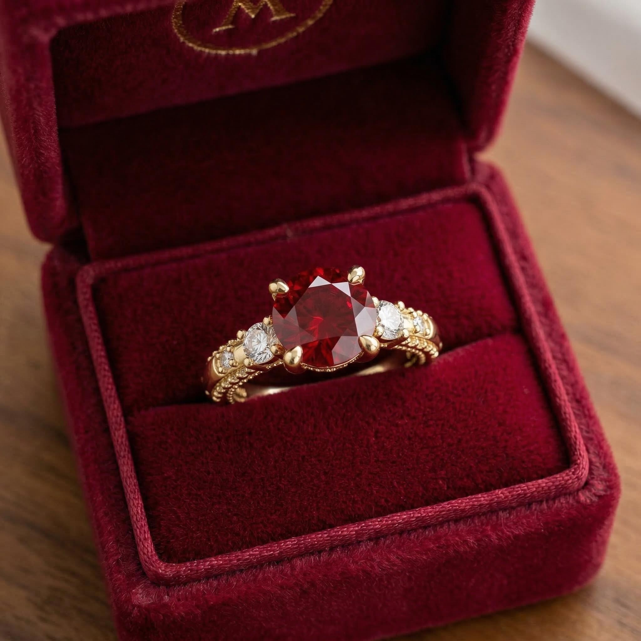 3.13ct. tw. Elegant Round Cut Red Diamond Three Stone Engagement Ring
