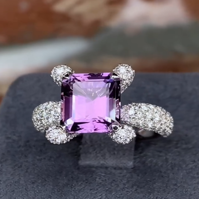 6.52CT Emerald Cut Purple Full-Diamond Pave Engagement Ring