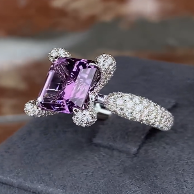 6.52CT Emerald Cut Purple Full-Diamond Pave Engagement Ring