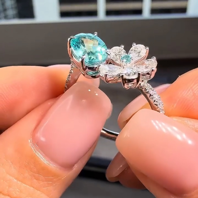 Teal Blue Oval Gemstone with Floral Diamond Accents Engagement Ring Teal Blue Oval Gemstone with Floral Diamond Accents Engagement Ring