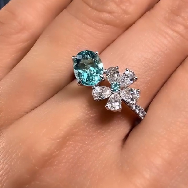Teal Blue Oval Gemstone with Floral Diamond Accents Engagement Ring Teal Blue Oval Gemstone with Floral Diamond Accents Engagement Ring