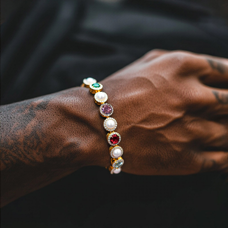 10mm Iced Out Colorful Gemstone Pearl Tennis Bracelet