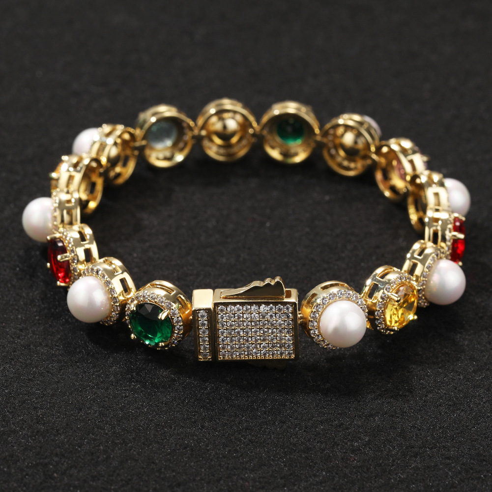 10mm Iced Out Colorful Gemstone Pearl Tennis Bracelet