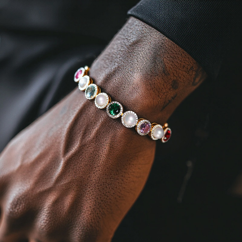 10mm Iced Out Colorful Gemstone Pearl Tennis Bracelet