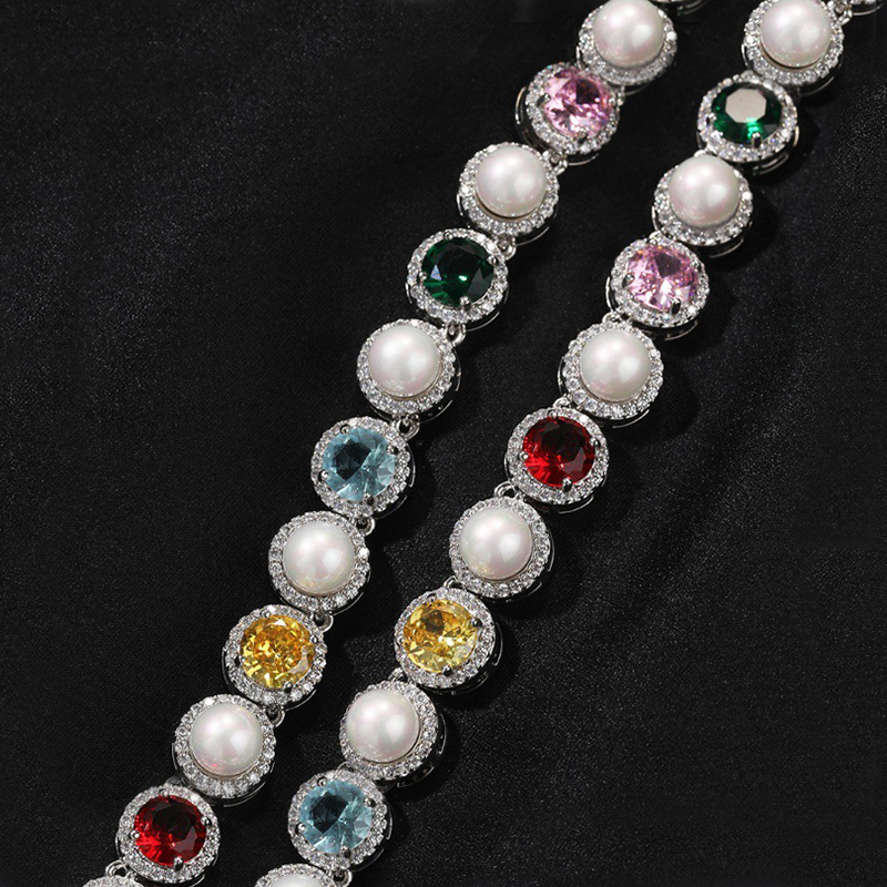 10mm Iced Out Colorful Gemstone Pearl Tennis Bracelet