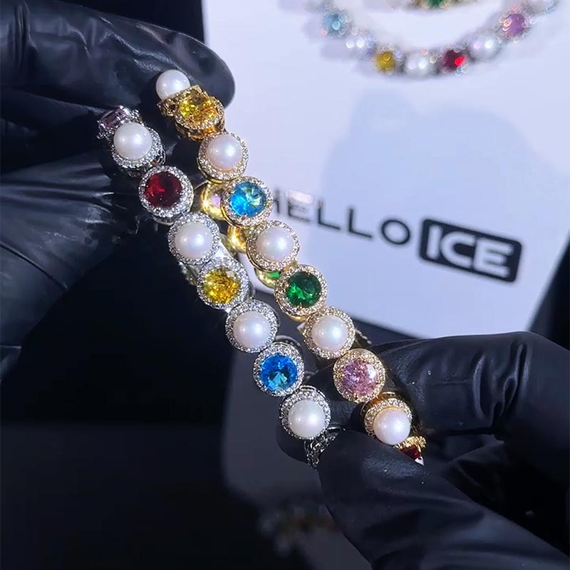 10mm Iced Out Colorful Gemstone Pearl Tennis Bracelet