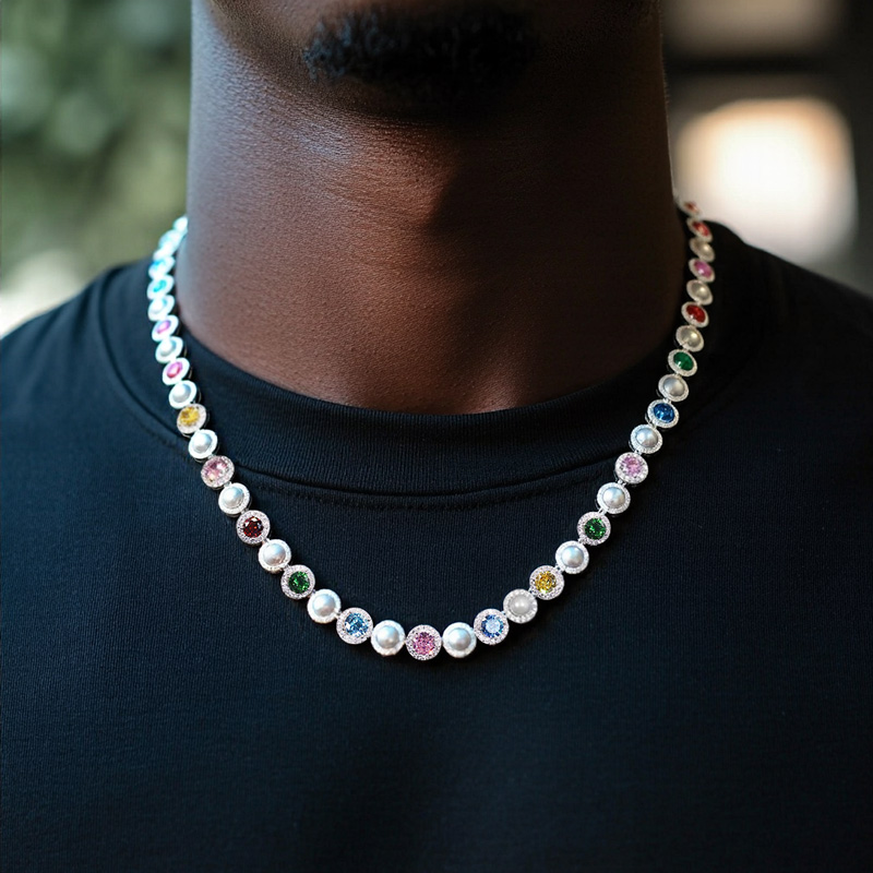 10mm Iced Out Colorful Gemstone Pearl Tennis Chain