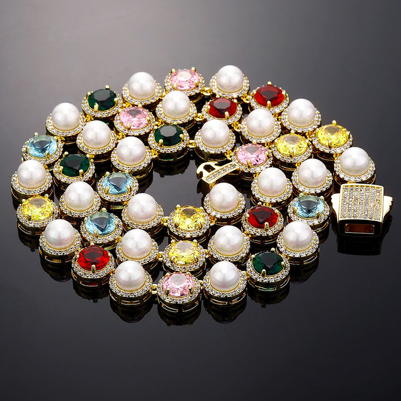 10mm Iced Out Colorful Gemstone Pearl Tennis Chain