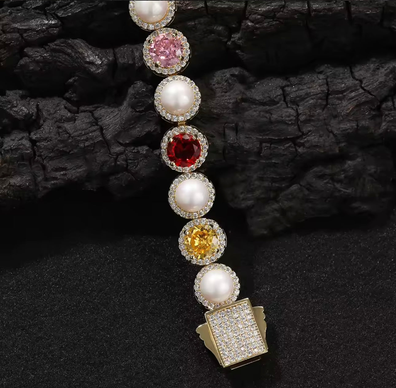 10mm Iced Out Colorful Gemstone Pearl Tennis Chain