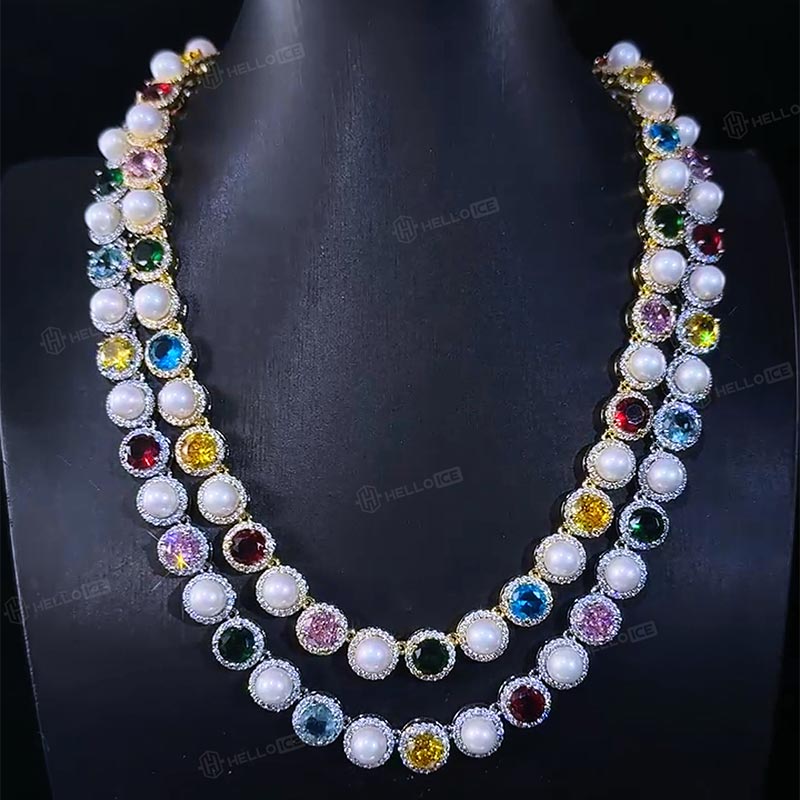 10mm Iced Out Colorful Gemstone Pearl Tennis Chain