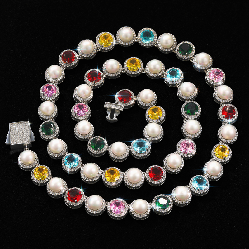 10mm Iced Out Colorful Gemstone Pearl Tennis Chain