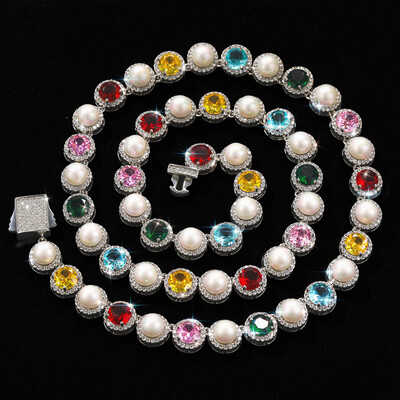 10mm Iced Out Colorful Gemstone Pearl Tennis Chain