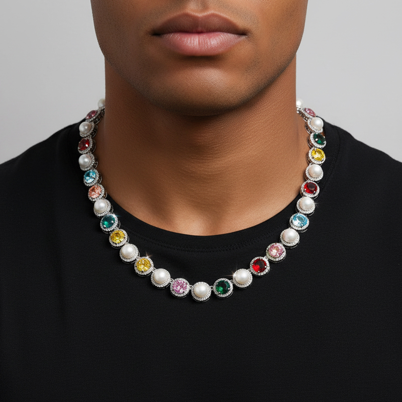 10mm Iced Out Colorful Gemstone Pearl Tennis Chain