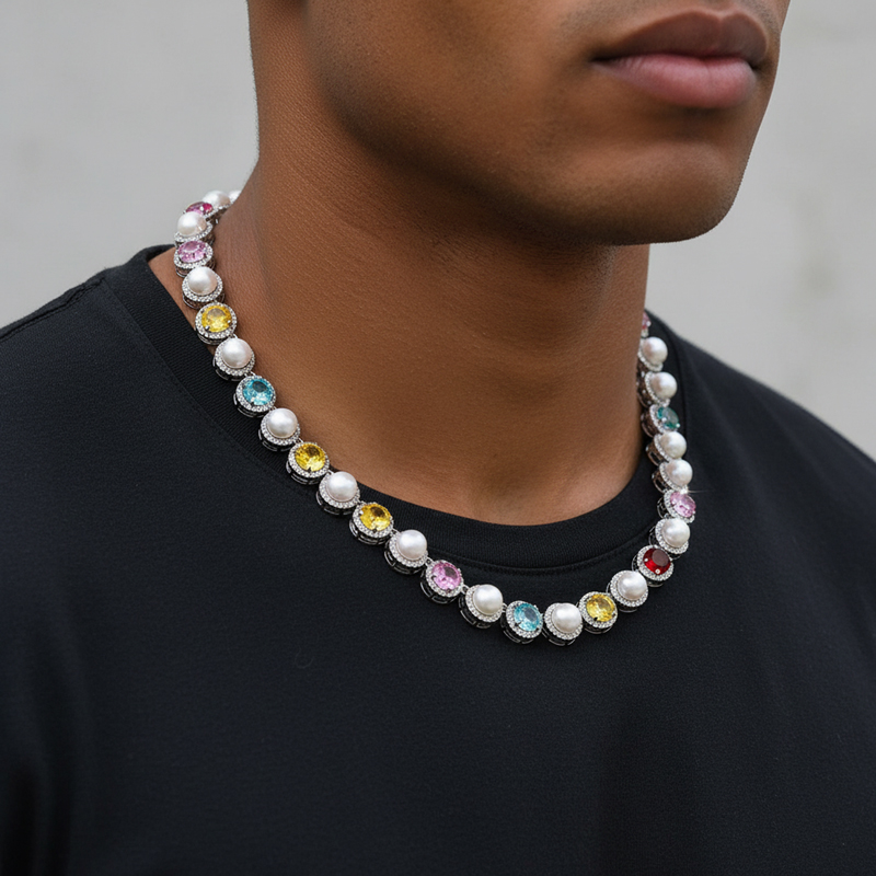 10mm Iced Out Colorful Gemstone Pearl Tennis Chain