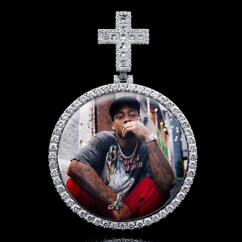 Iced Custom Princess Cut Cross Disc Photo Pendant