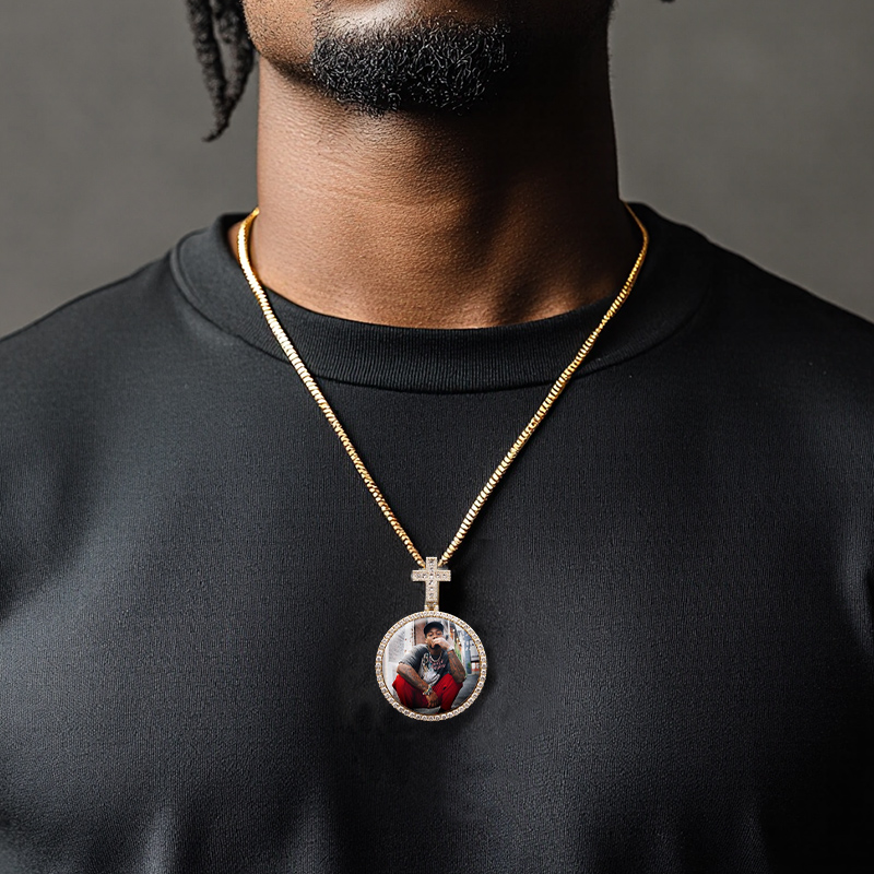 Iced Custom Princess Cut Cross Disc Photo Pendant