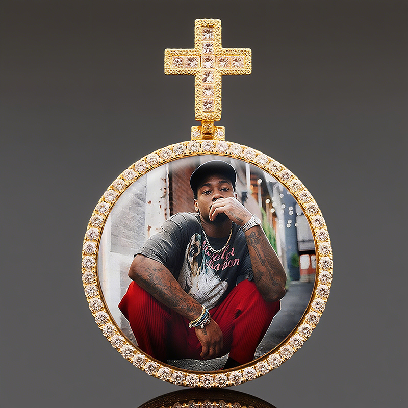 Iced Custom Princess Cut Cross Disc Photo Pendant