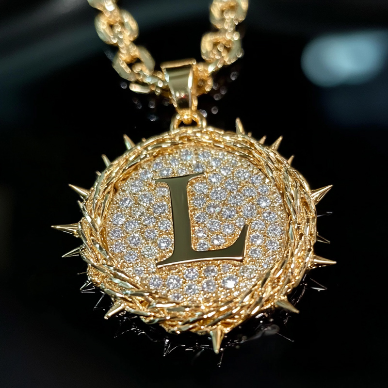 Iced Out Thorn Letter Disc Pendant