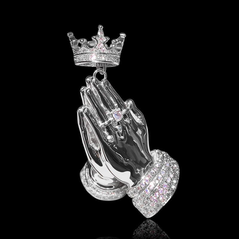 Iced Out Praying Hands Crown Pendant