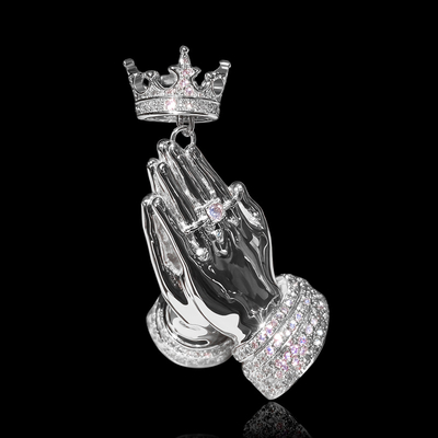 Iced Out Praying Hands Crown Pendant